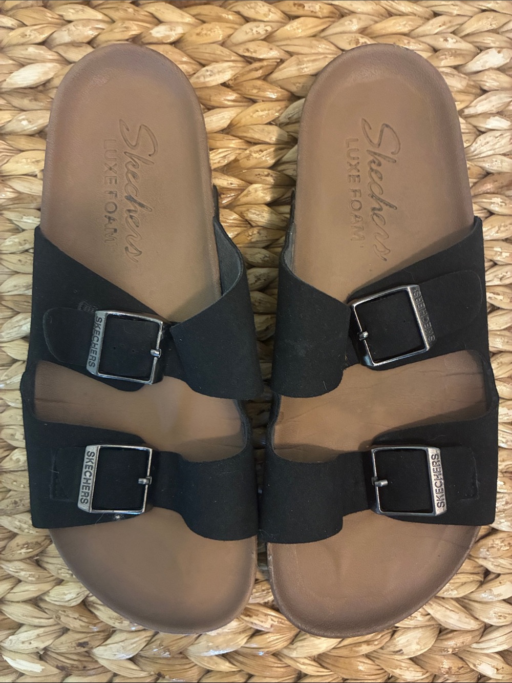 Skechers Black Double Buckle Luxe Foam Slide Sandals